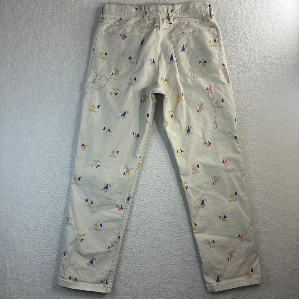 Wallace Barnes Carpenter Pants Men 33x32 Beige Sailboat AOP Double Knee J Crew - Picture 2 of 9